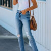 Fashion Casual Solid Ripped Straight Denim