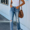 Fashion Casual Solid Ripped Straight Denim