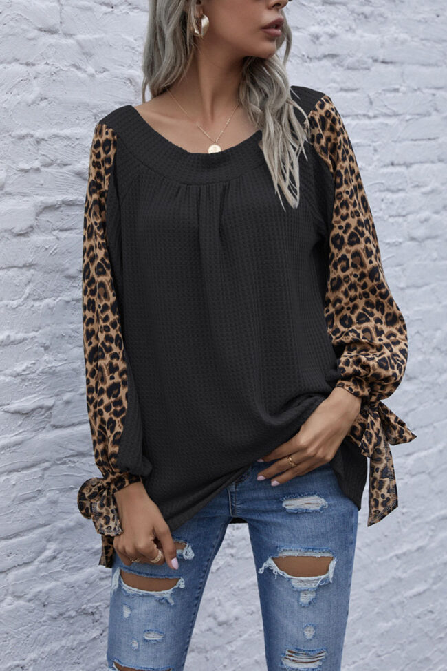 Fashion Casual Leopard Split Joint V Neck Tops