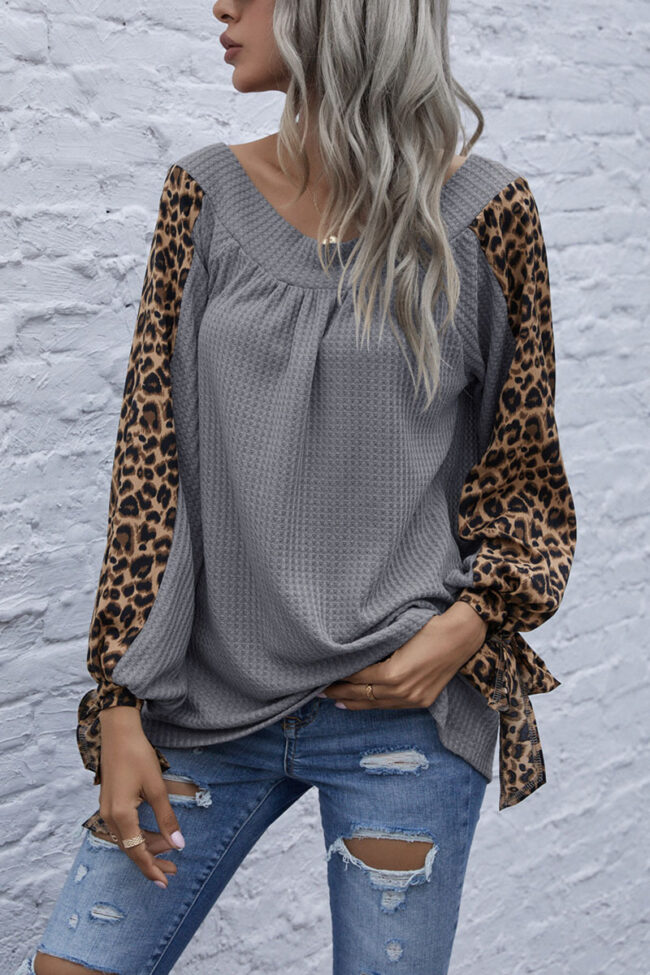 Fashion Casual Leopard Split Joint V Neck Tops