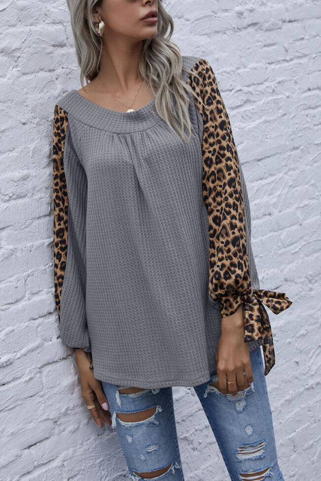 Fashion Casual Leopard Split Joint V Neck Tops