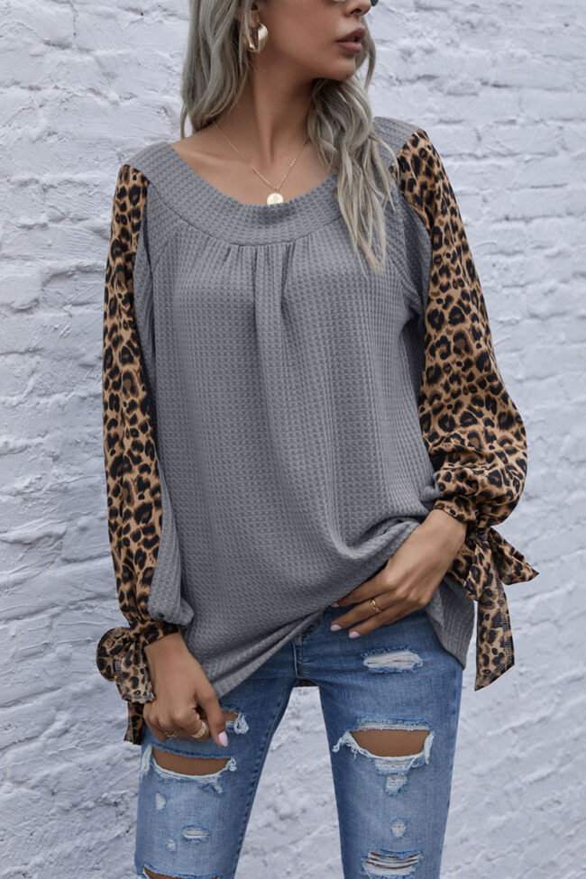 Fashion Casual Leopard Split Joint V Neck Tops