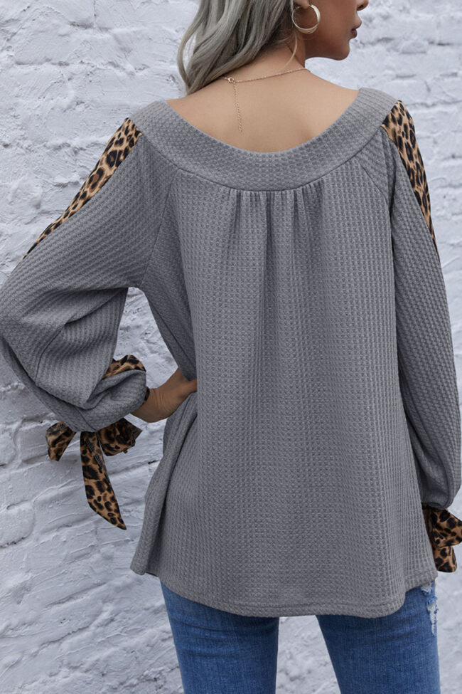 Fashion Casual Leopard Split Joint V Neck Tops