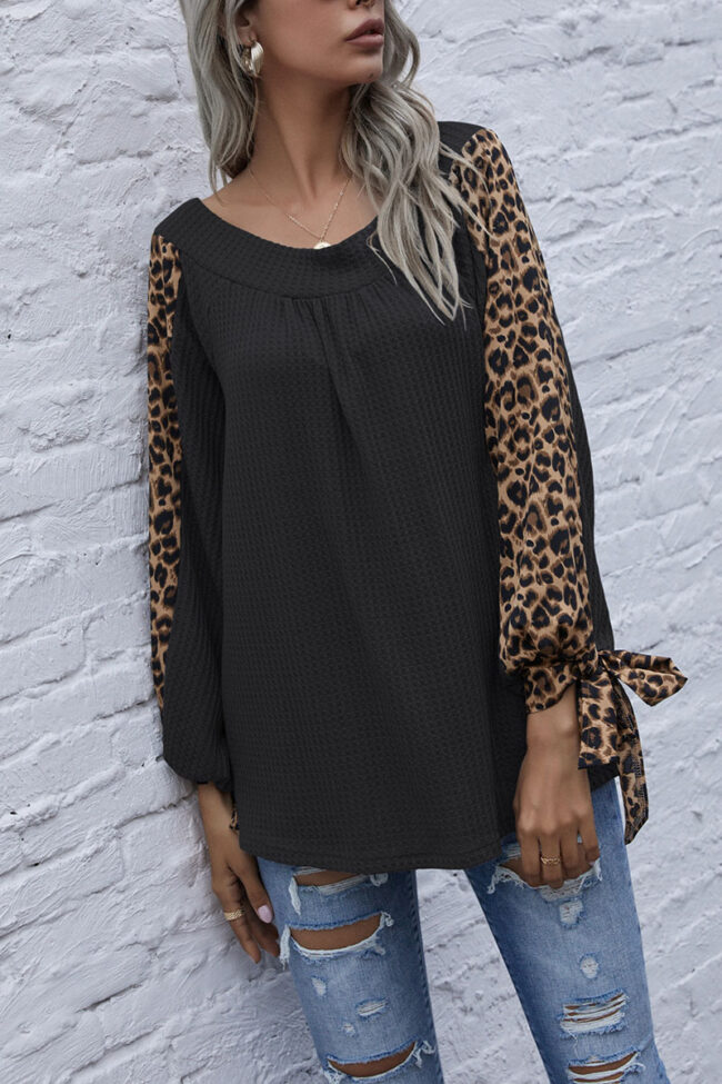 Fashion Casual Leopard Split Joint V Neck Tops