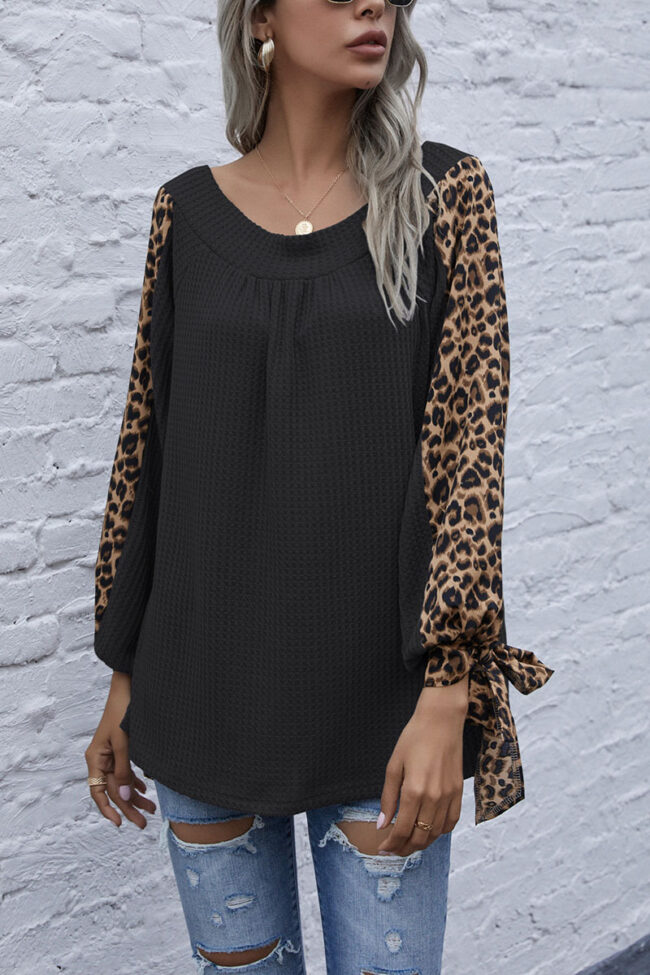 Fashion Casual Leopard Split Joint V Neck Tops