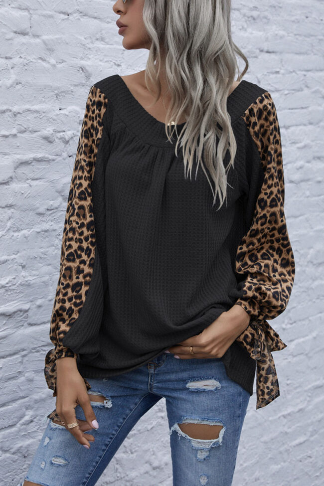 Fashion Casual Leopard Split Joint V Neck Tops