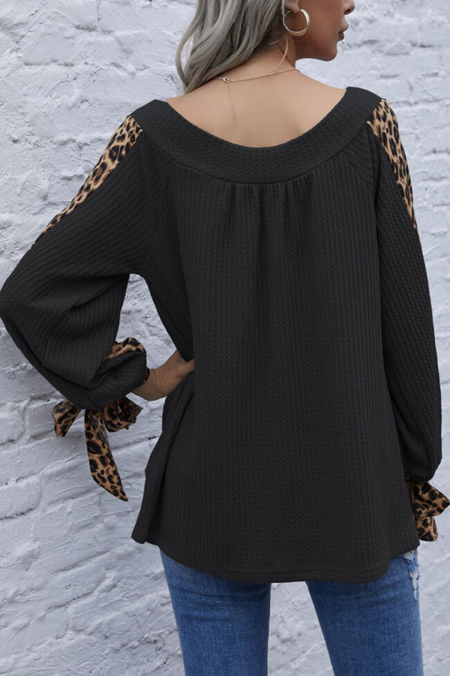 Fashion Casual Leopard Split Joint V Neck Tops