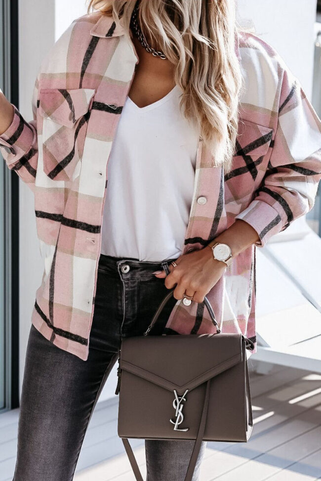 Fashion Street Plaid Split Joint Turndown Collar Tops