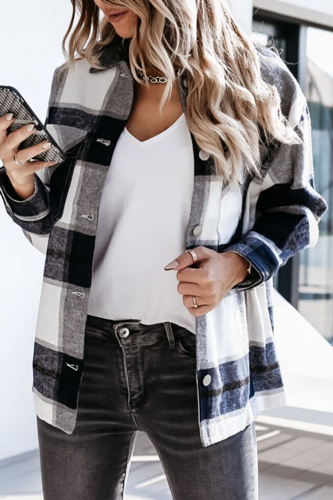 Fashion Street Plaid Split Joint Turndown Collar Tops