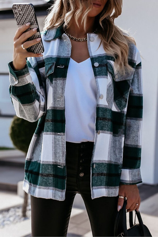 Fashion Street Plaid Split Joint Turndown Collar Tops