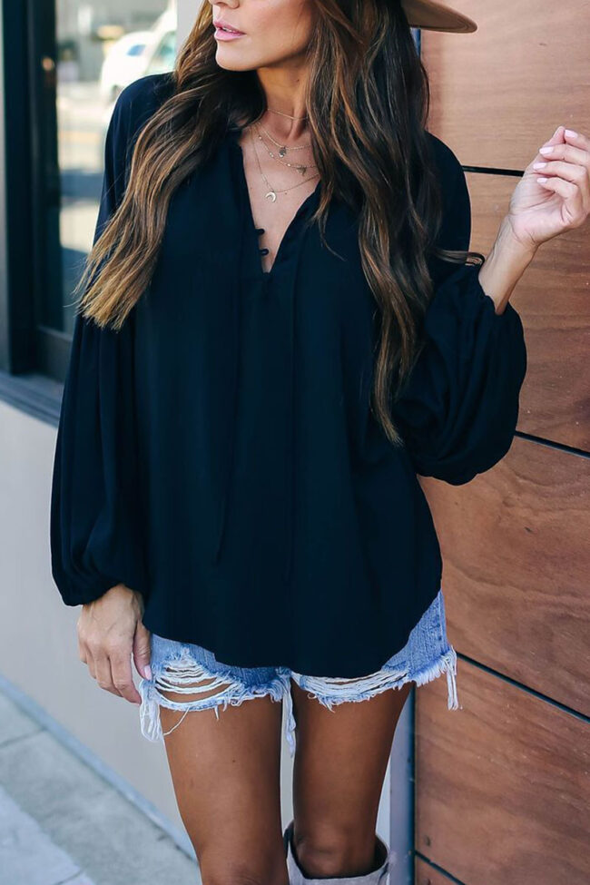 Fashion Casual Solid Split Joint V Neck Tops