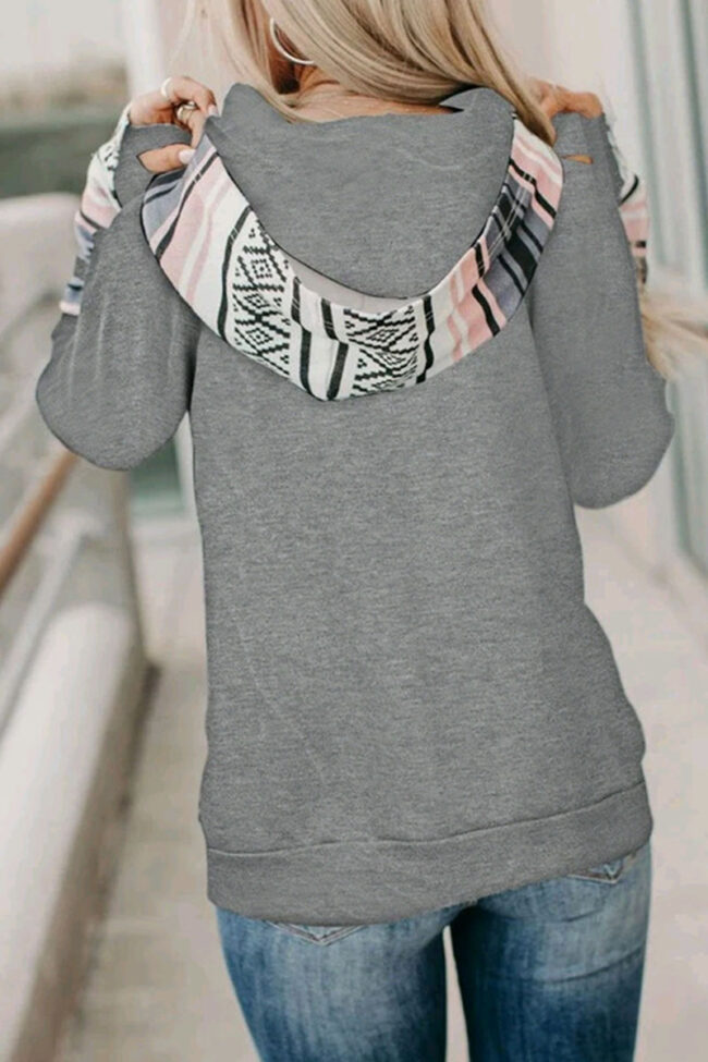 Fashion Street Print Split Joint Hooded Collar Tops