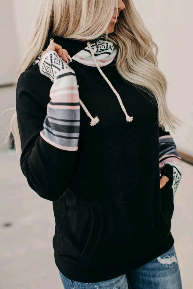 Fashion Street Print Split Joint Hooded Collar Tops