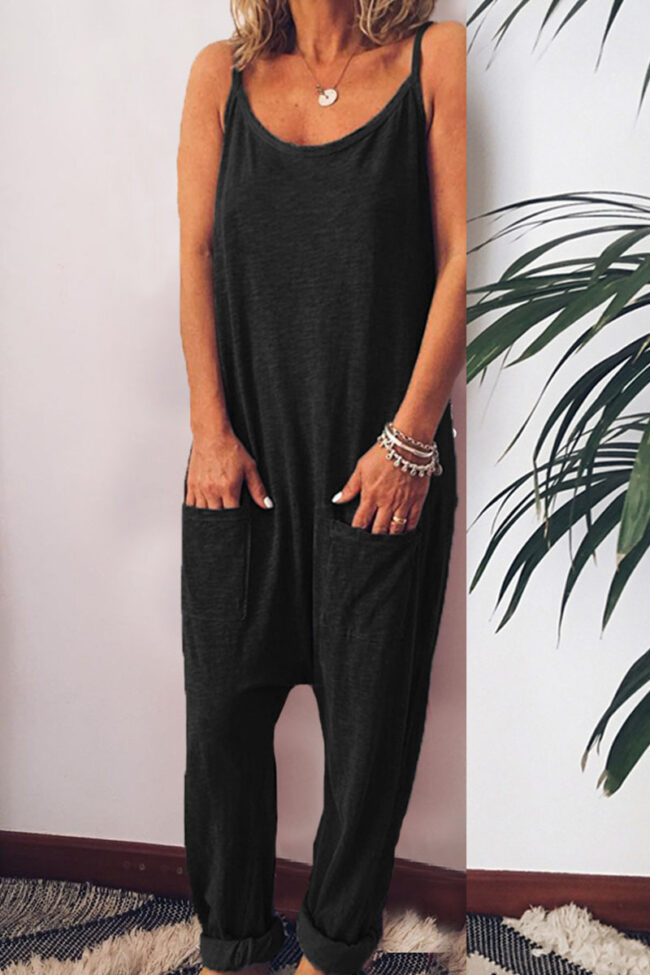 Fashion Casual Solid Pocket Spaghetti Strap Loose Jumpsuits