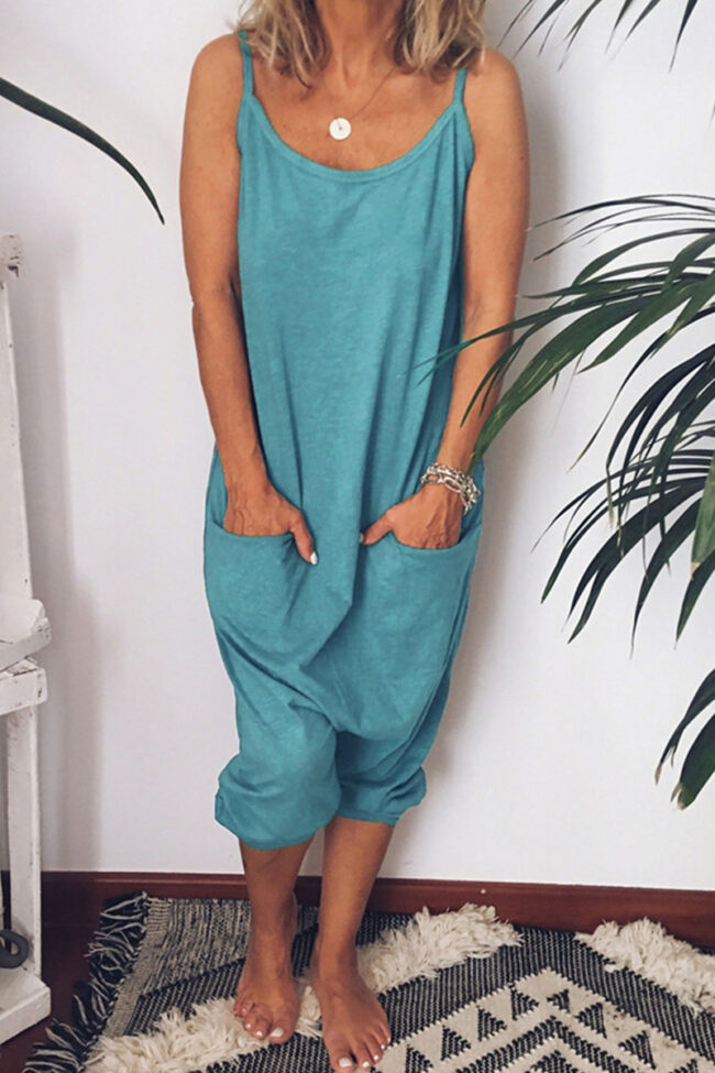 Fashion Casual Solid Pocket Spaghetti Strap Loose Jumpsuits