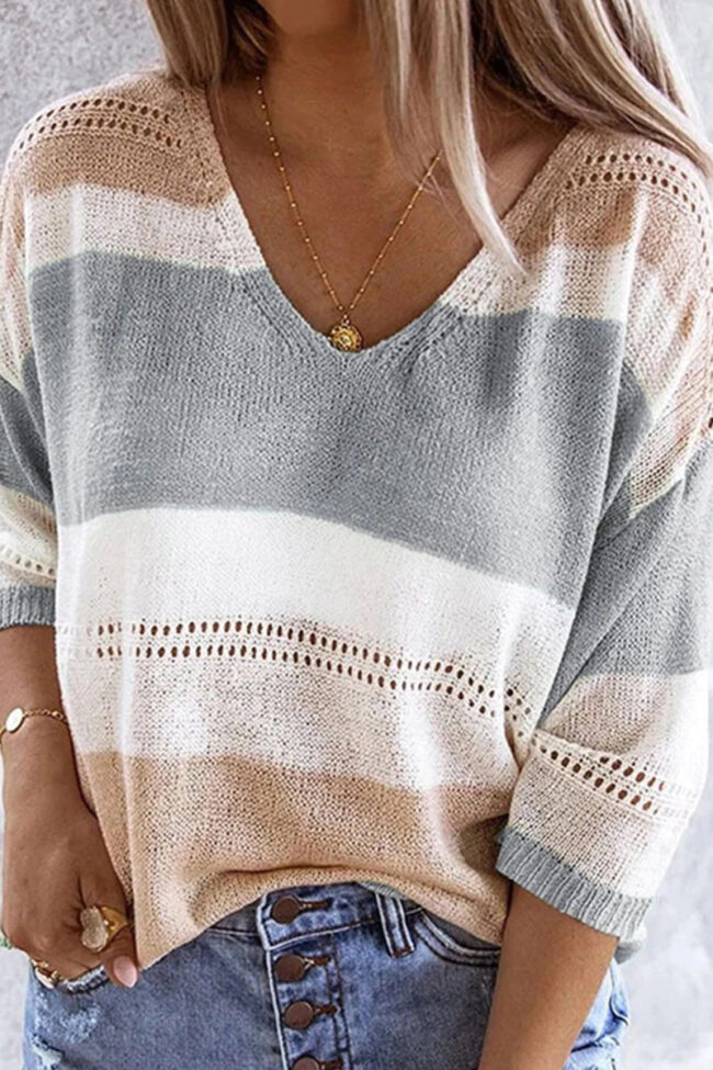 Fashion Casual Striped Split Joint V Neck Tops