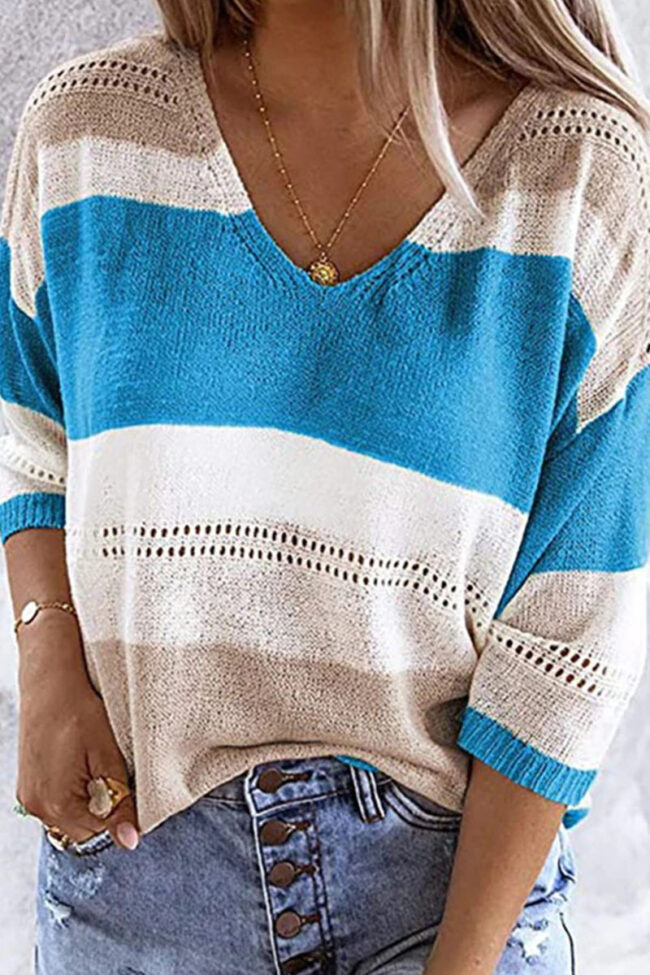 Fashion Casual Striped Split Joint V Neck Tops