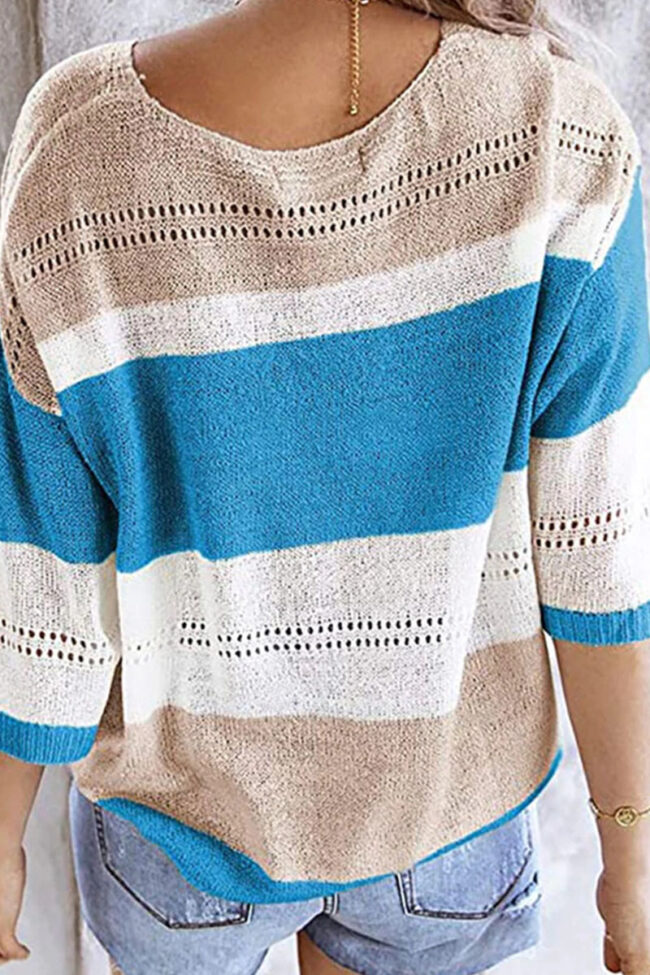 Fashion Casual Striped Split Joint V Neck Tops