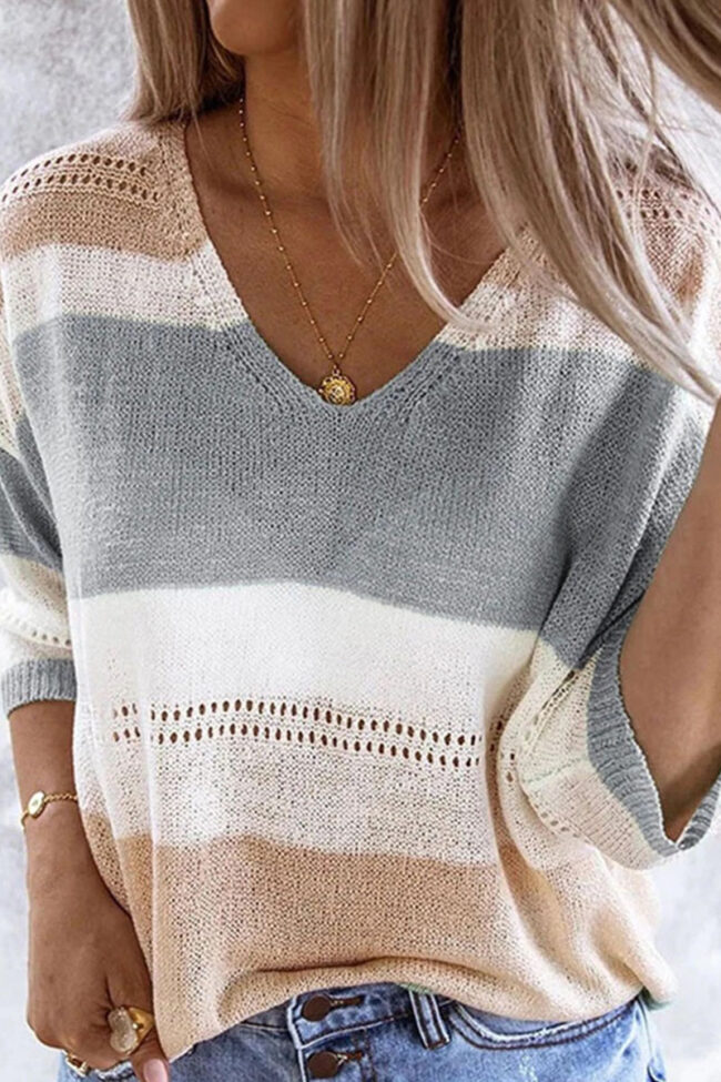 Fashion Casual Striped Split Joint V Neck Tops