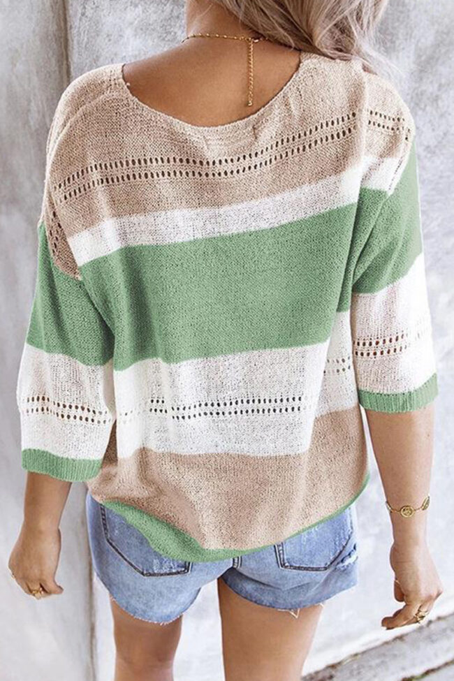 Fashion Casual Striped Split Joint V Neck Tops