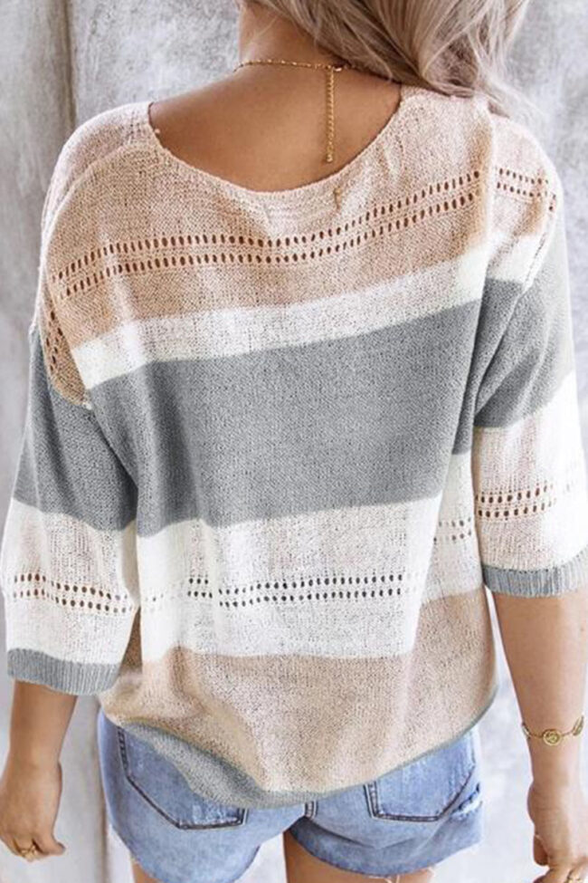 Fashion Casual Striped Split Joint V Neck Tops