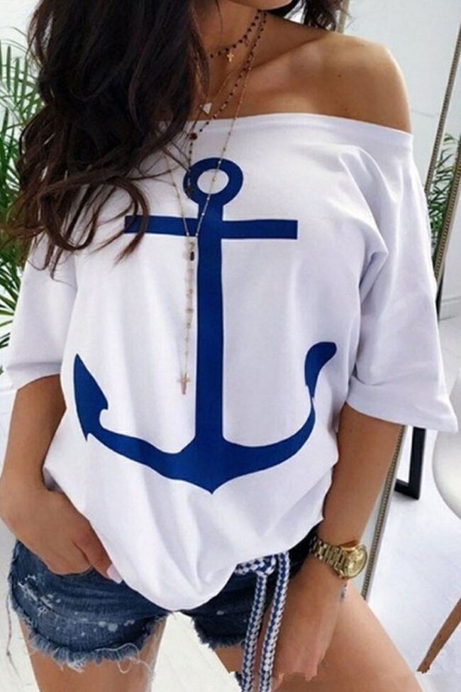 Fashion Street Print Bateau Neck Tops