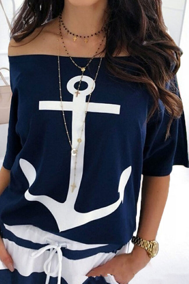 Fashion Street Print Bateau Neck Tops