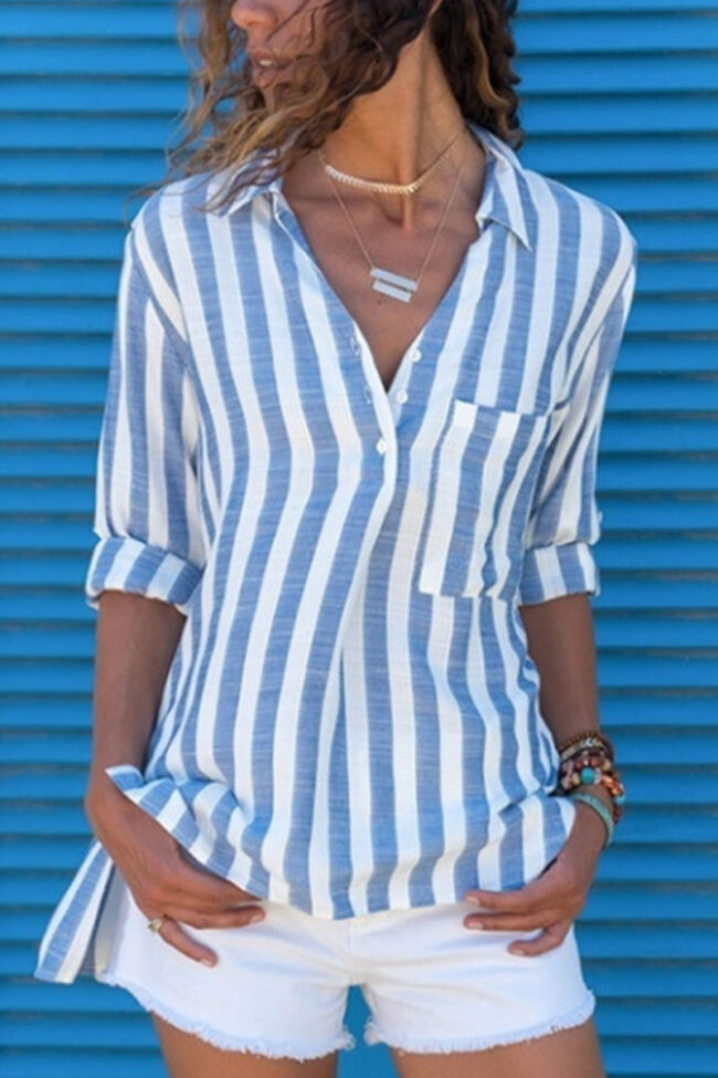 Fashion Casual Striped Split Joint Turndown Collar Tops