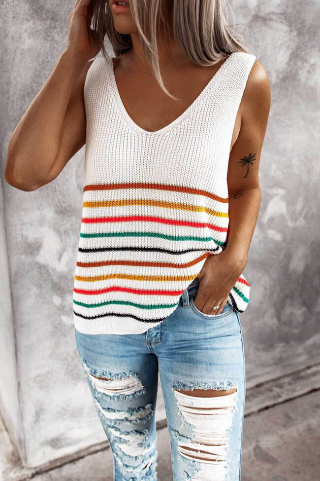 Fashion Casual Striped Split Joint V Neck Tops