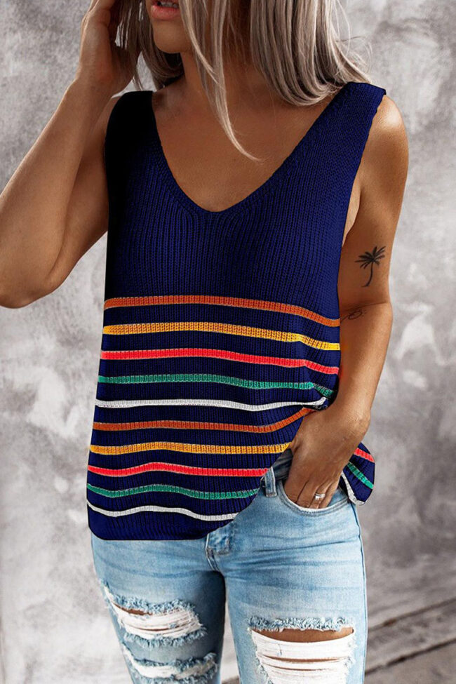 Fashion Casual Striped Split Joint V Neck Tops