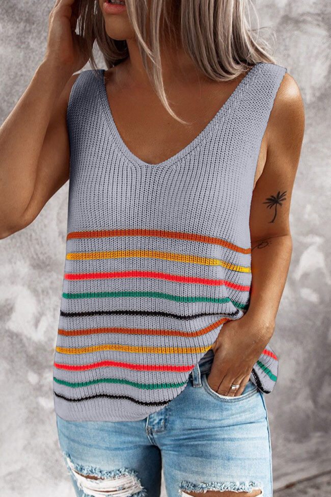 Fashion Casual Striped Split Joint V Neck Tops