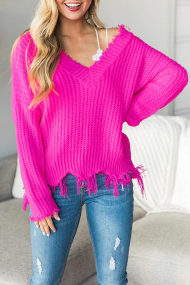 Fashion Street Solid Tassel V Neck Tops