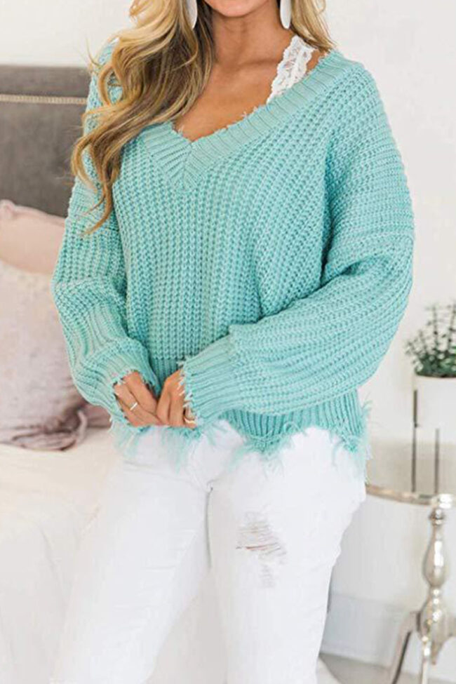 Fashion Street Solid Tassel V Neck Tops