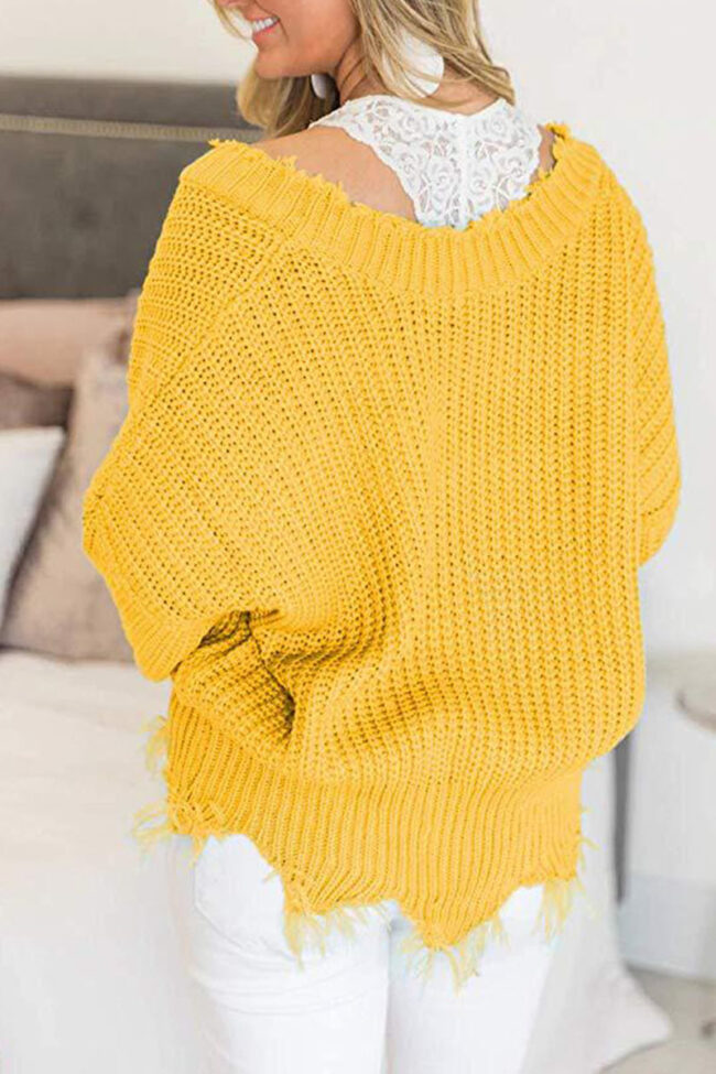 Fashion Street Solid Tassel V Neck Tops