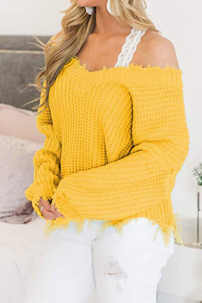 Fashion Street Solid Tassel V Neck Tops