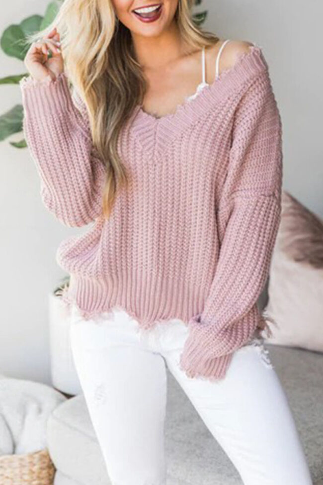 Fashion Street Solid Tassel V Neck Tops