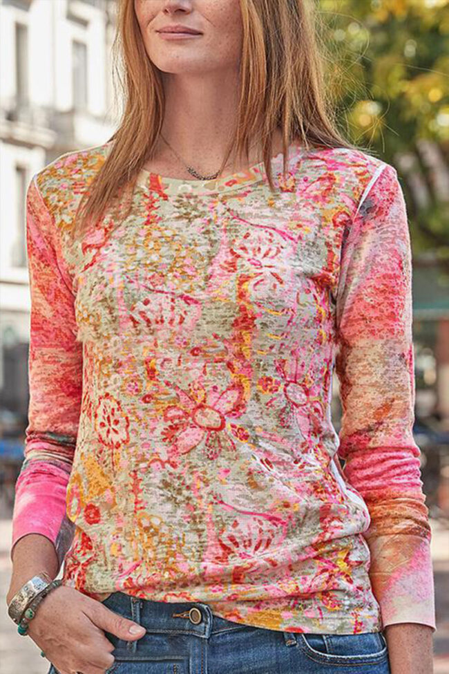 Fashion Street Print Split Joint O Neck Tops