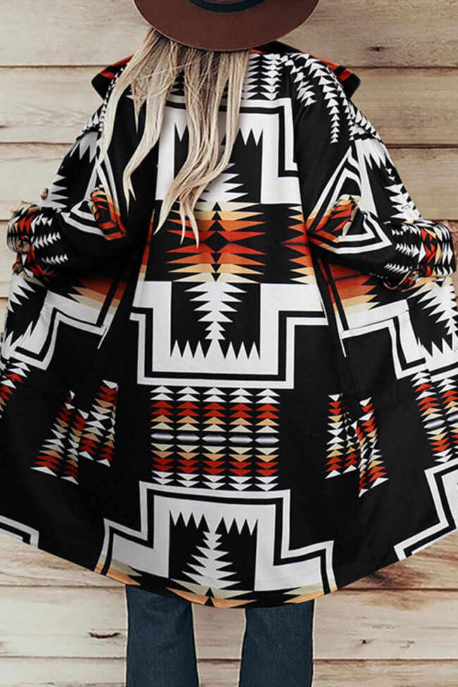 Fashion Casual Print Draw String Turndown Collar Outerwear