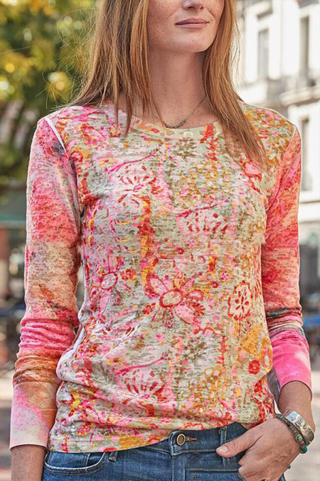 Fashion Street Print Split Joint O Neck Tops