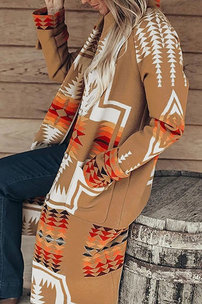 Fashion Casual Print Draw String Turndown Collar Outerwear