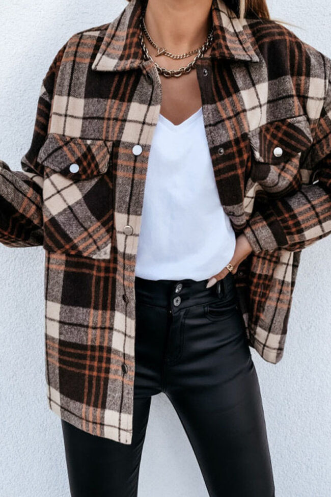 Fashion Casual Plaid Turndown Collar Tops