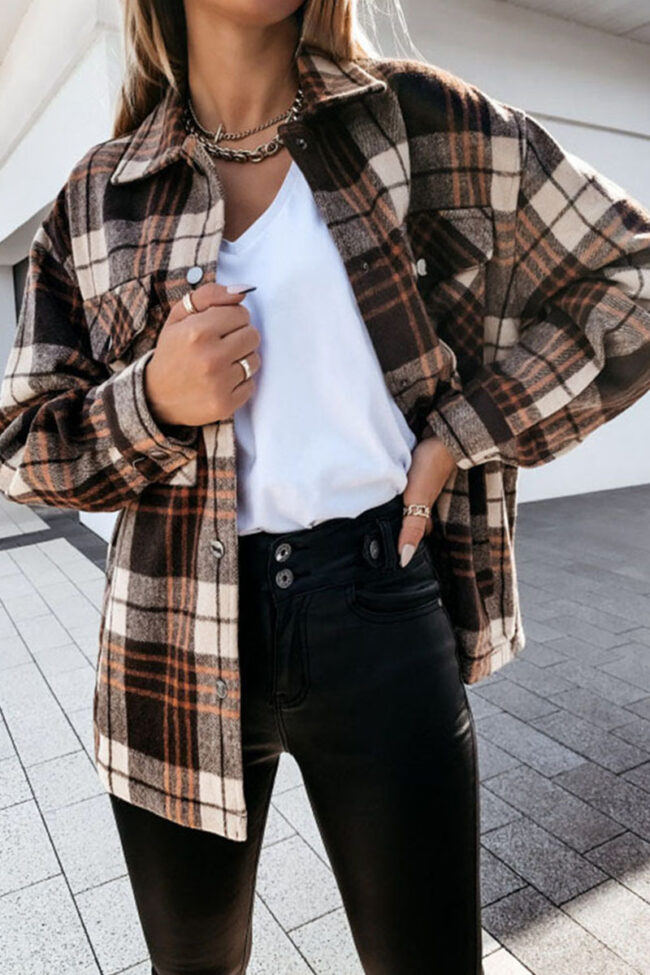 Fashion Casual Plaid Turndown Collar Tops