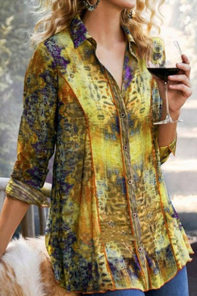 Fashion Casual Print Turndown Collar Tops