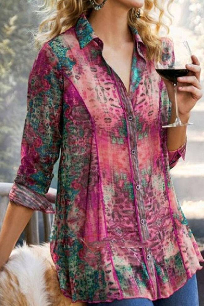 Fashion Casual Print Turndown Collar Tops