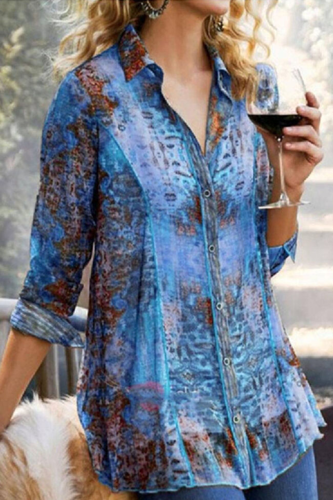 Fashion Casual Print Turndown Collar Tops