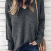 Fashion Casual Solid Split Joint V Neck Tops