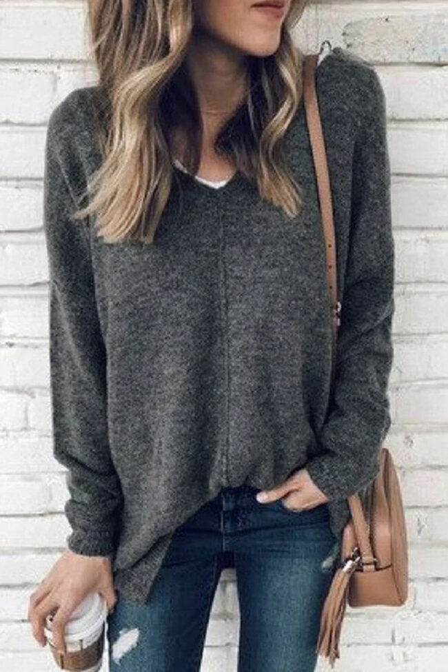 Fashion Casual Solid Split Joint V Neck Tops