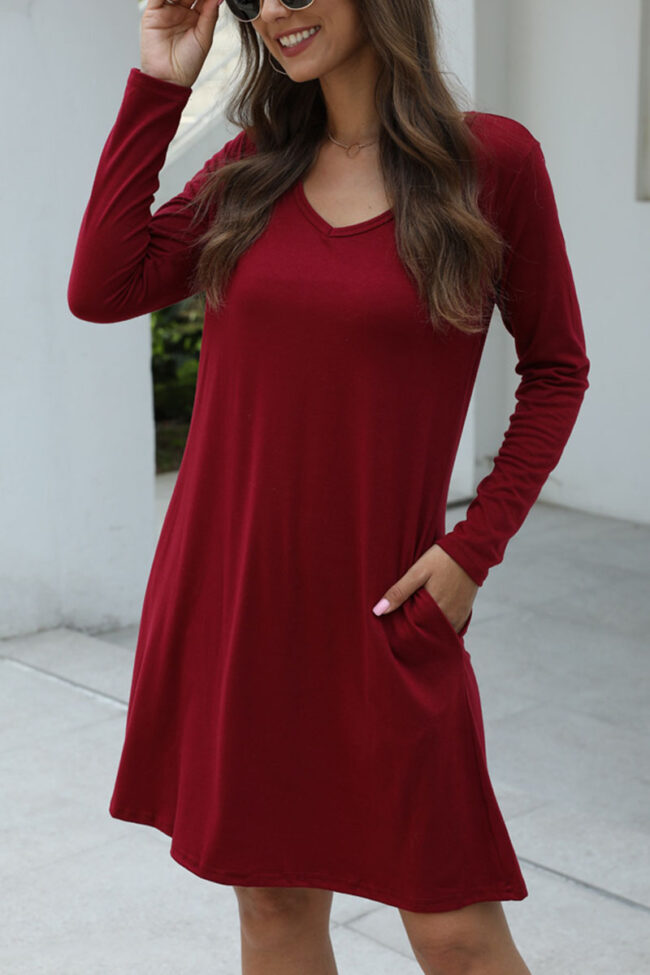 Fashion Casual Solid V Neck Long Sleeve Dress Dresses