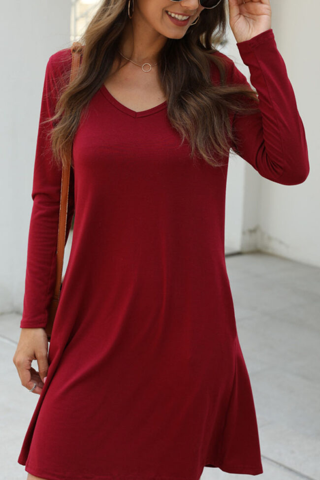 Fashion Casual Solid V Neck Long Sleeve Dress Dresses