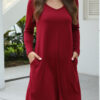 Fashion Casual Solid V Neck Long Sleeve Dress Dresses